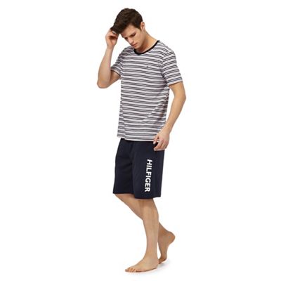 Multi-coloured striped t-shirt and navy shorts pyjama set